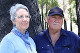 A man and woman stand near burnt tree in paddock