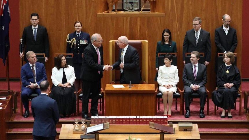 Prime Minister Scott Morrison shakes the hand of new Governor-General David Hurley after his swearing in