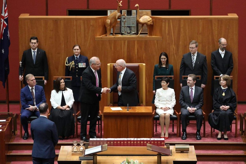Prime Minister Scott Morrison shakes the hand of new Governor-General David Hurley after his swearing in