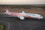 The Qantas Dreamliner featuring indigenous artwork, on the tarmac at Alice Springs at sunrise.