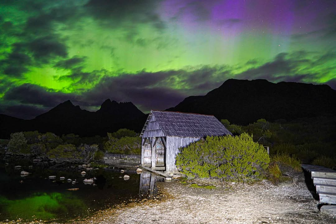 Aurora australis sobre un cobertizo de madera en Cradle Mountain.