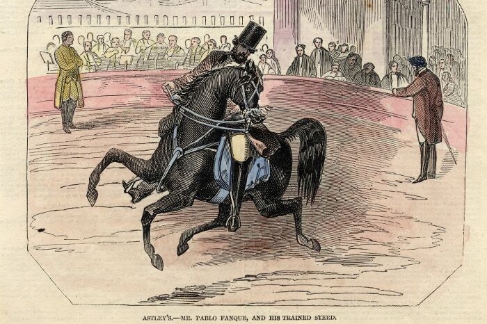 An old illustration of "Mr Pablo Fanque and his trained steed".