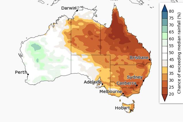 A map showing the chance of above median rainfall from March to May.