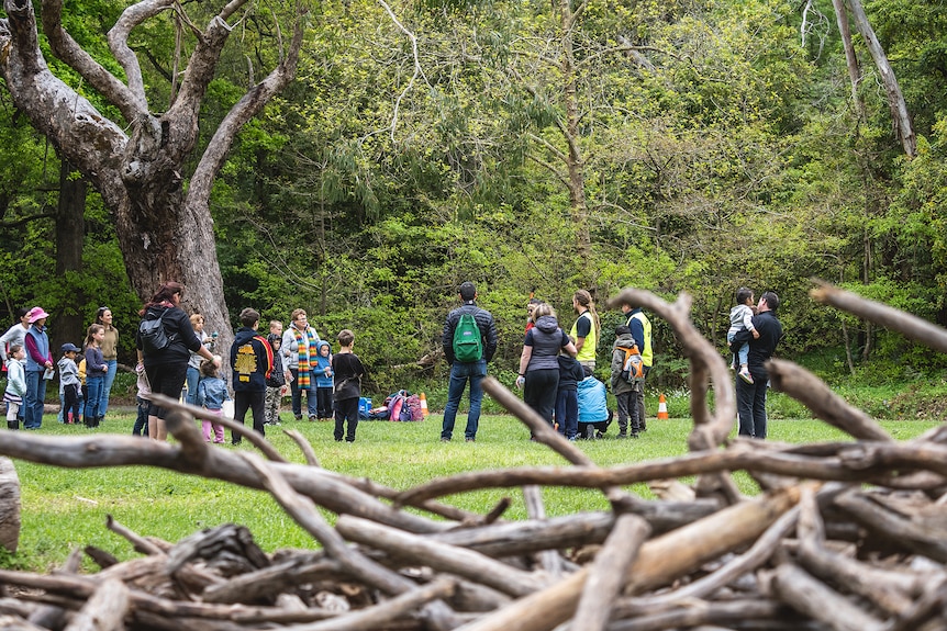 A group of parents and children stand in a clearing surrounded by forest