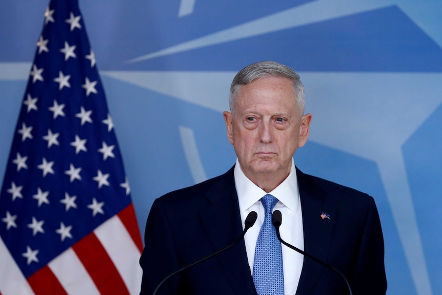 US Defence Secretary Jim Mattis briefs the media.