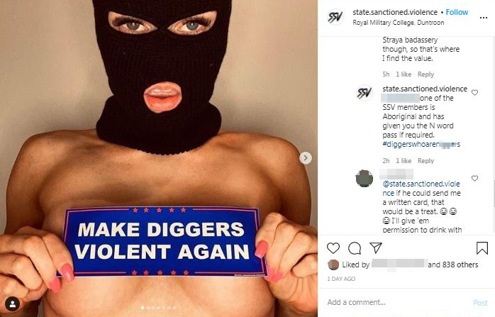 Screenshot of Instagram post featuring naked woman wearing balaclava holding up sticker that says Make Diggers Violent again