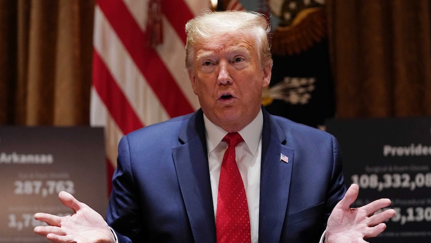 President Donald Trump gestures while speaking during a meeting