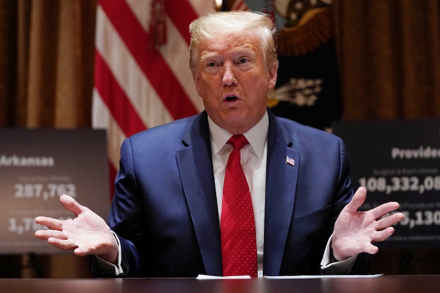 President Donald Trump gestures while speaking during a meeting