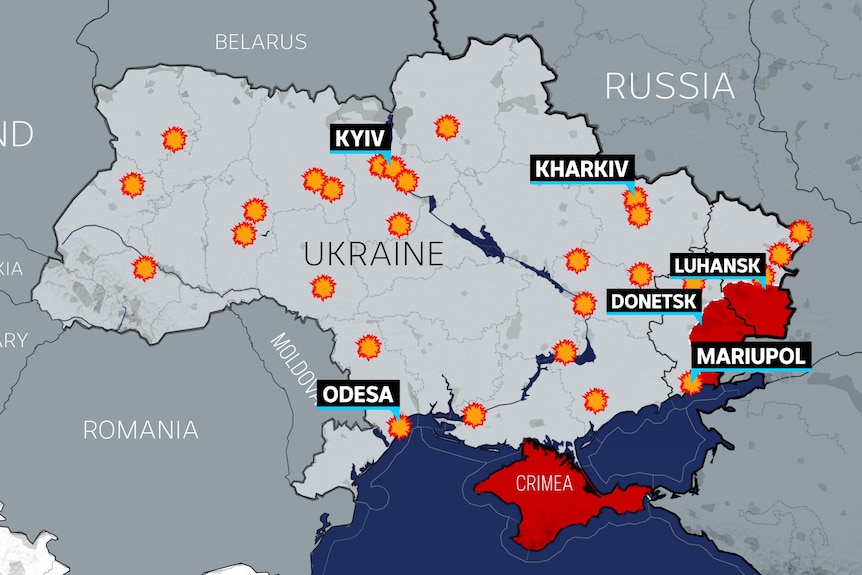A map of Ukraine is superimposed with more than two dozen blast icons in different locations