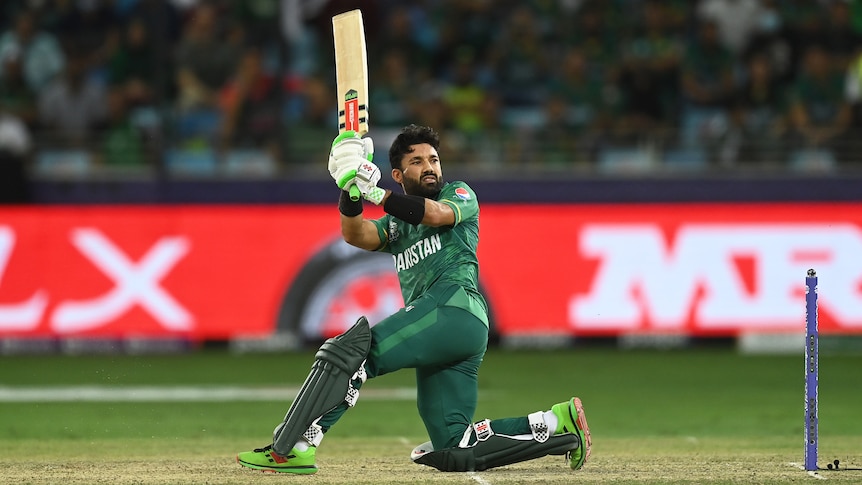 Mohammad Rizwan plays a shot for Pakistan against Australia