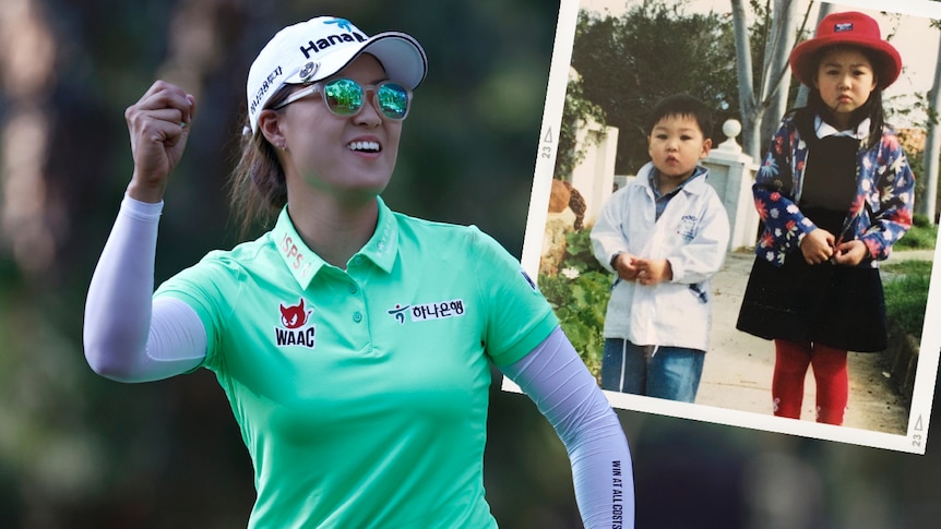 A photo of a golfer celebrating with an inset of the golfer as a young girl standing next to her brother.