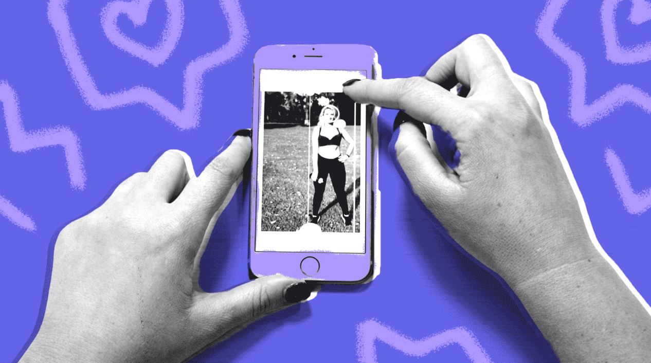 An image of hands manipulating the image of a person on an iPhone showing a body editing app for social media platforms.