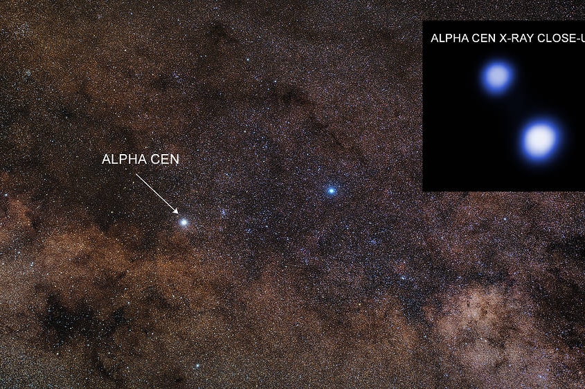 a bright image of the starry galaxy with an arrow pointing at alpha centauri