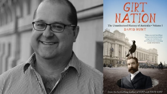 portrait of the author david hunt + Girt nation book cover