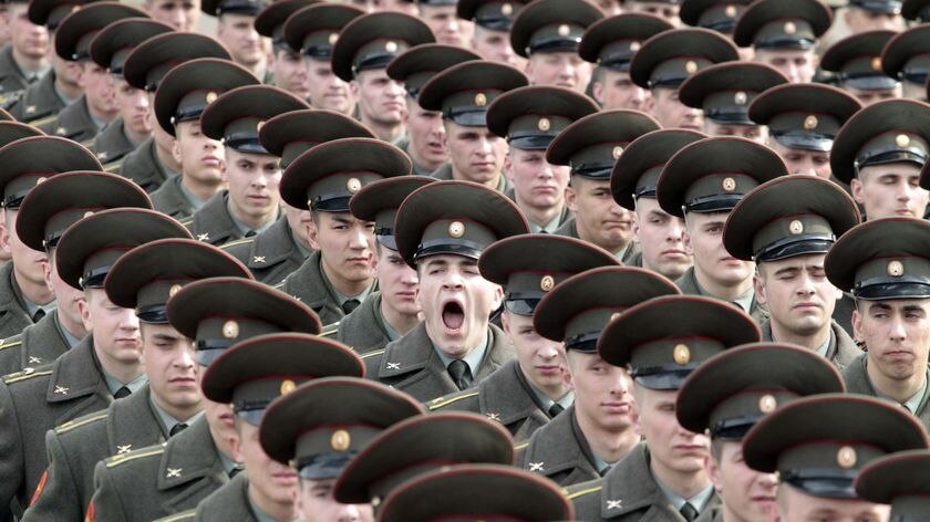 Russian soldiers train for a military parade in Moscow on April 9, 2010.