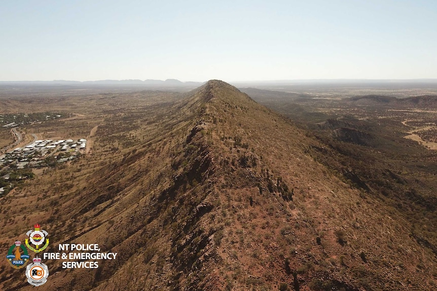 A drone image taken above ranges in Central Australia.