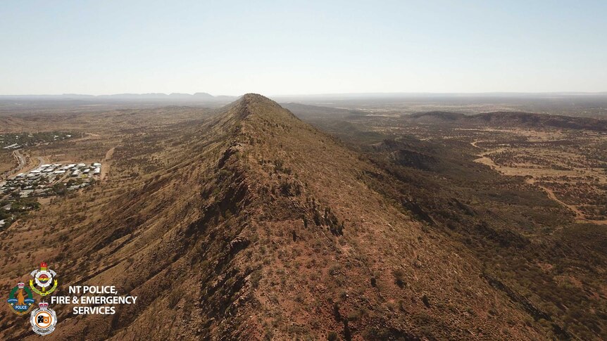 A drone image taken above ranges in Central Australia.