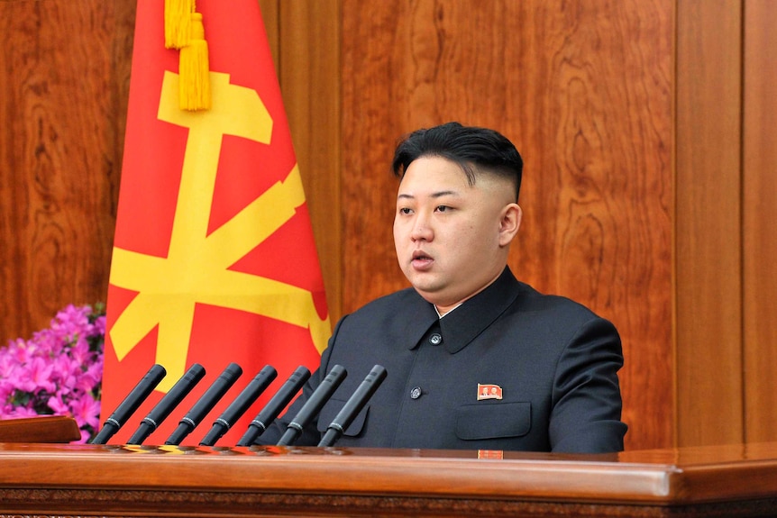 North Korean leader Kim Jong-un delivers an address in Pyongyang.