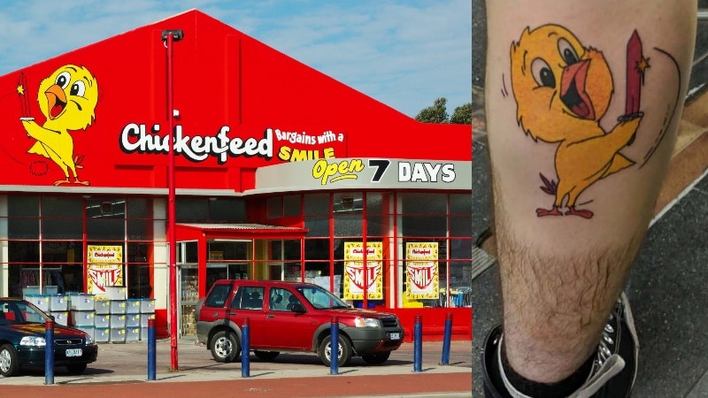 A composite image of a Chickenfeed store painted red, and a the stores yellow chick mascot tattooed on a hairy leg.