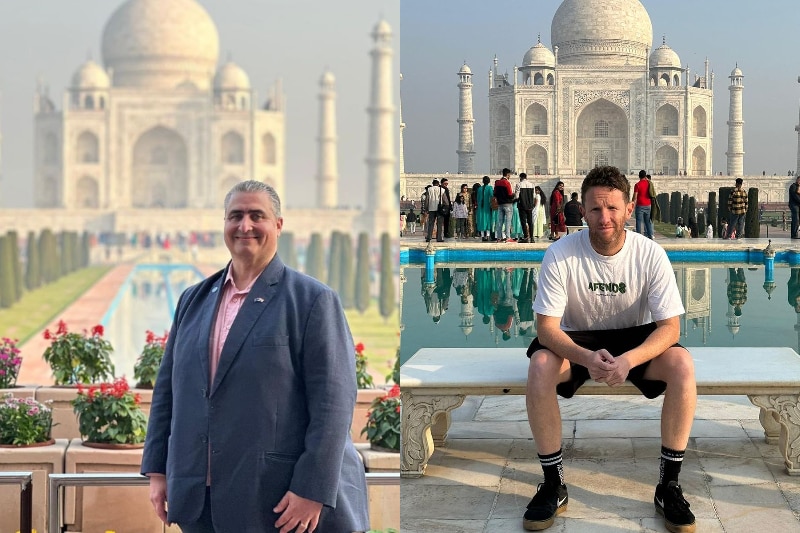 A composite image of two men at the Taj Mahal