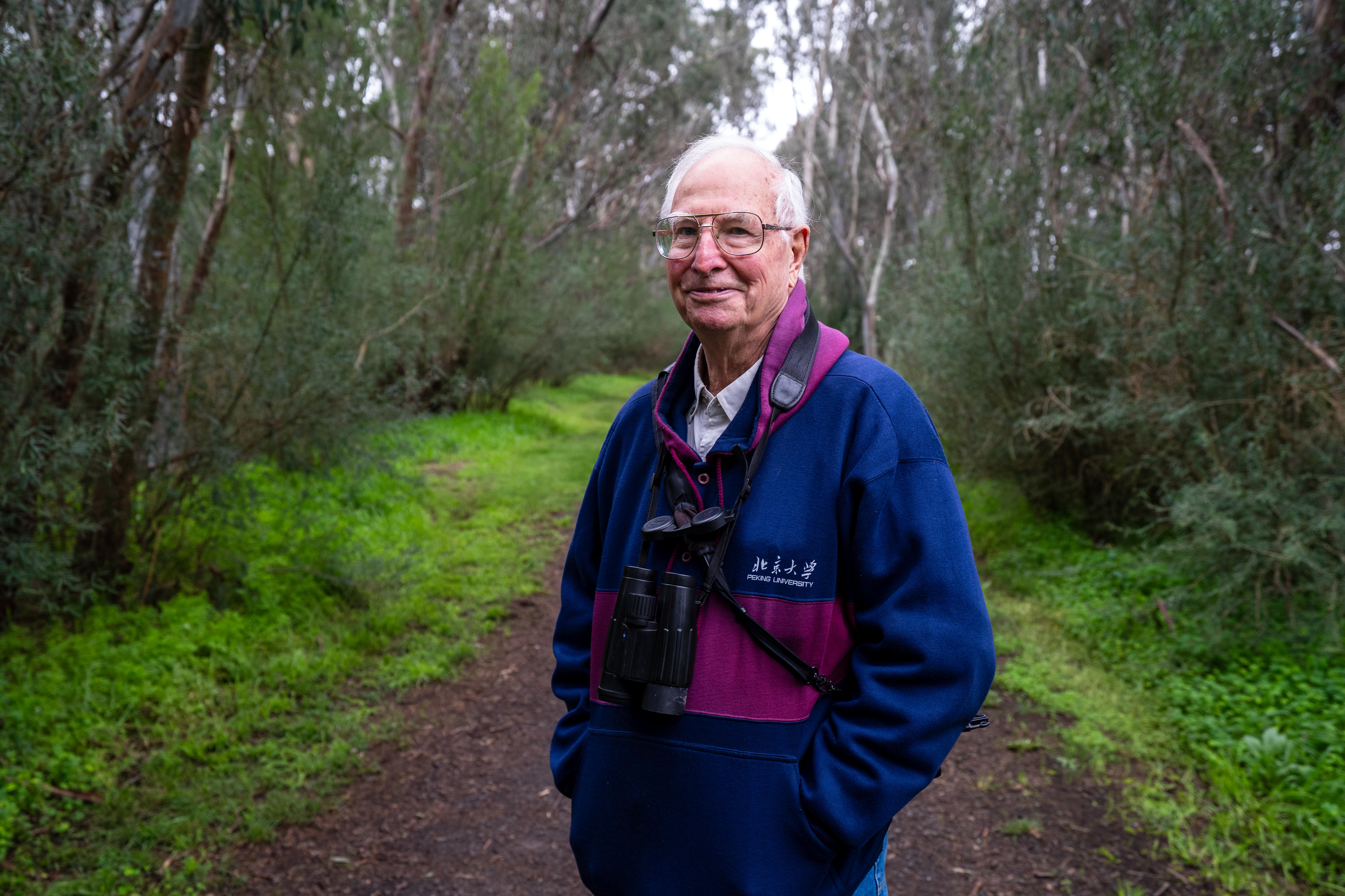 an elderly man holds binoculars up to his face and looks up into trees
