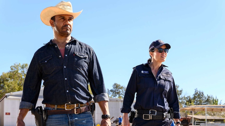 Aaron Pedersen as a detective and Jada Alberts as a cop in Mystery Road