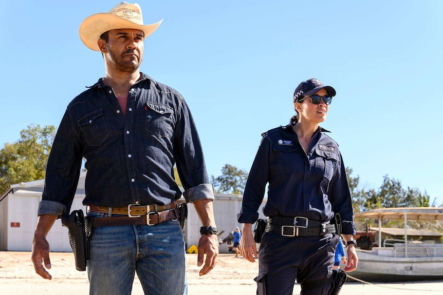 Aaron Pedersen as a detective and Jada Alberts as a cop in Mystery Road