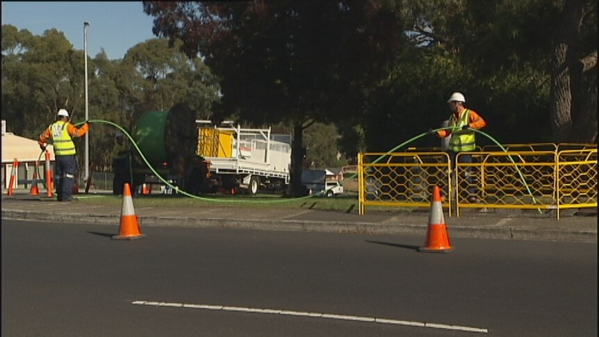 Workers lay the fibre optic cable in Tasmania