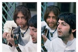 John Lennon and Paul McCartney in India, with guitar
