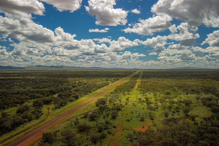 A highway cutting through an unusually green expanse of Central Australia.