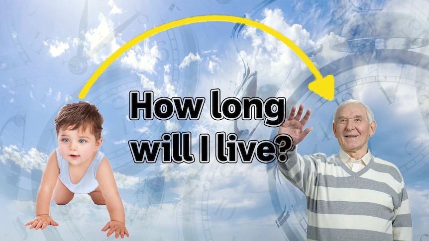 A baby with an arrow pointing to an elderly man, question asking "how long will I live?"