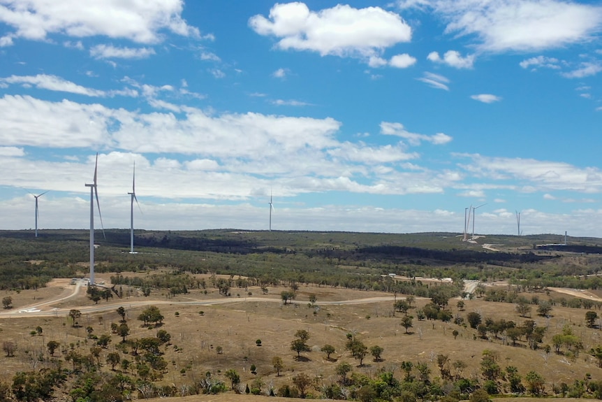 Aerial photo of wind turbines at the MacIntyre Wind Farm, March 2023. 