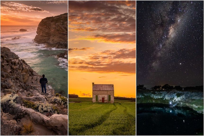 Falaises rocheuses surplombant la côte, chalet en pierre sous un coucher de soleil jaune, une grotte éclairée par un ciel étoilé.