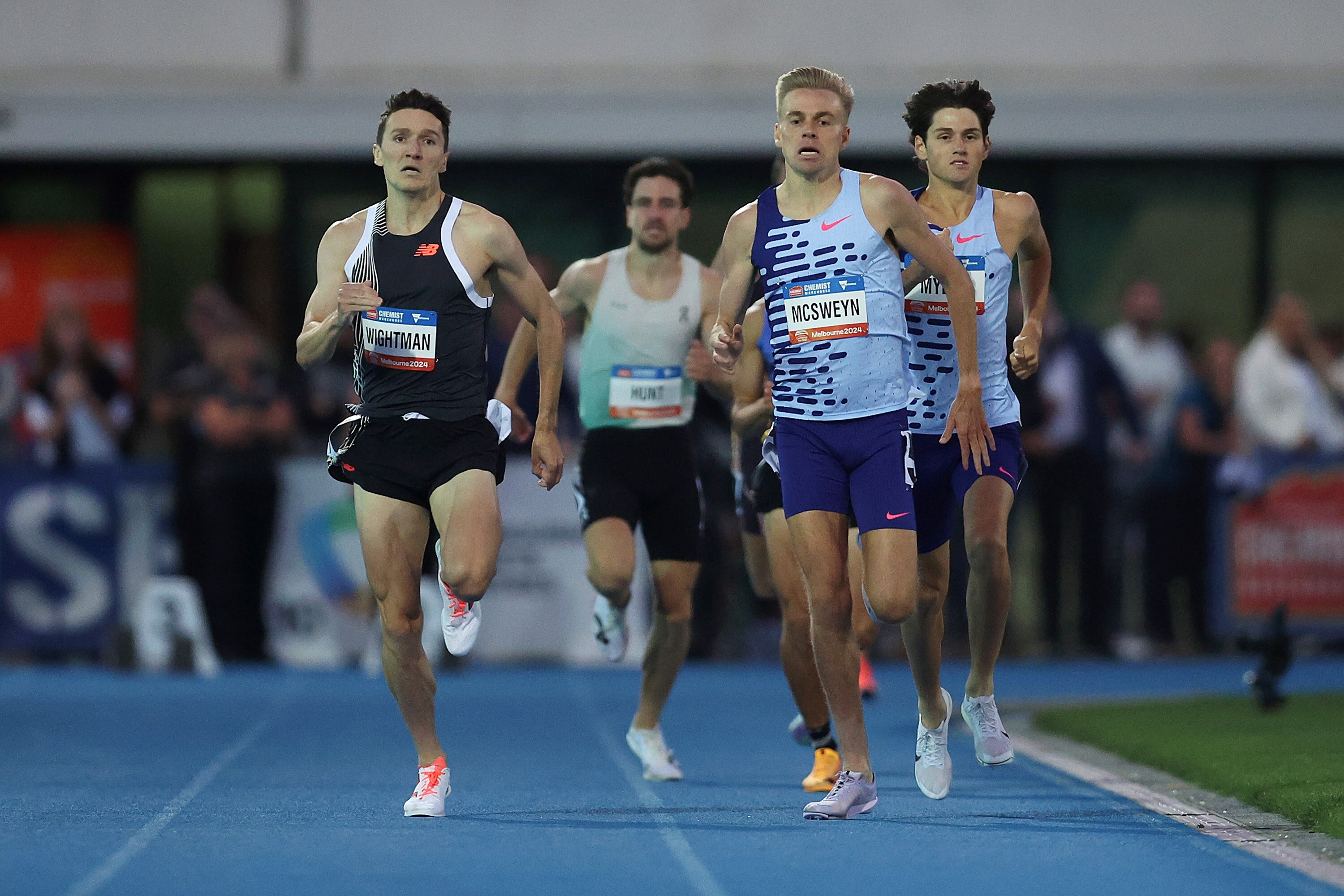 Jake Wightman, Stewart McSweyn and Cameron Myers competing in the John Landy Mile at the Maurie Plant Meet.