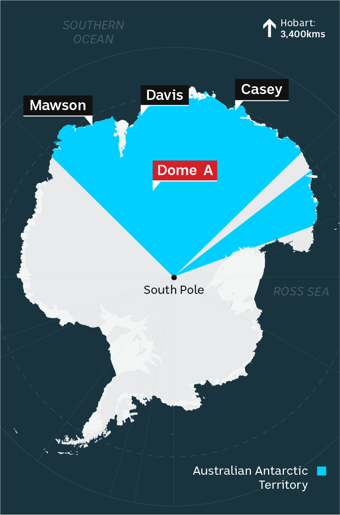 Map of Antarctica showing Australian Territory and the location of Dome A, near the South Pole.