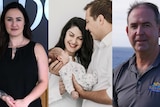 A three-panel image showing a dark-haired woman, new parents with their baby, and a middle-aged man near the sea.