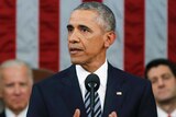 US President Barack Obama speaks at the podium in Congress.