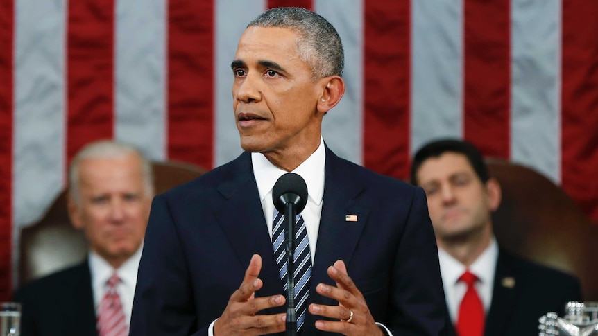 US President Barack Obama speaks at the podium in Congress.