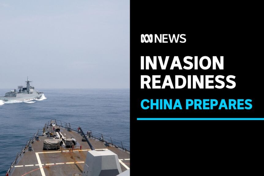 Invasion Readiness, China Prepares: The front deck of a military ship in the foreground, with a grey frigate in the background