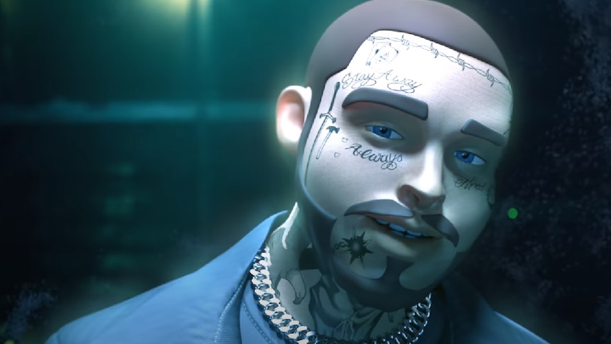 Animated image of Post Malone with face tattoos, wearing a chain