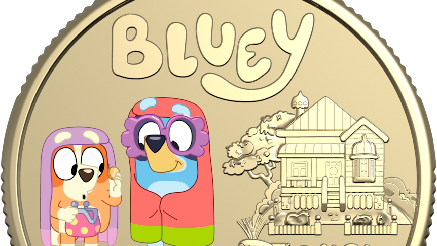 An Australian $1 coin that features Bingo and Bluey dressed up as The Grannies.