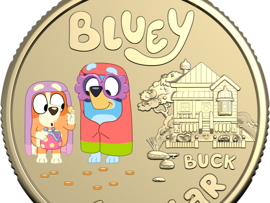 An Australian $1 coin that features Bingo and Bluey dressed up as The Grannies.