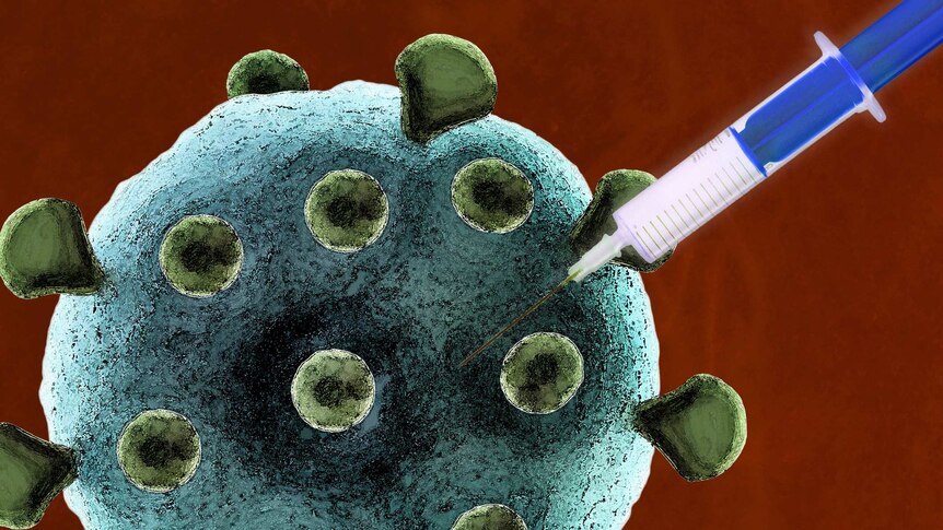 An illustration of a coronavirus being injected with a needle