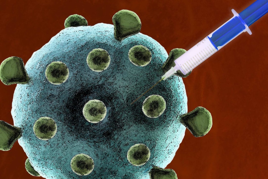 An illustration of a coronavirus being injected with a needle