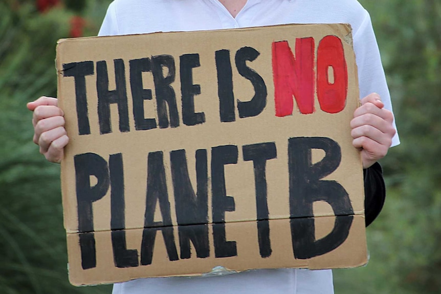 A teenage girl with glasses wearing a white school uniform polo shirt holds a sign saying "there is no planet B".