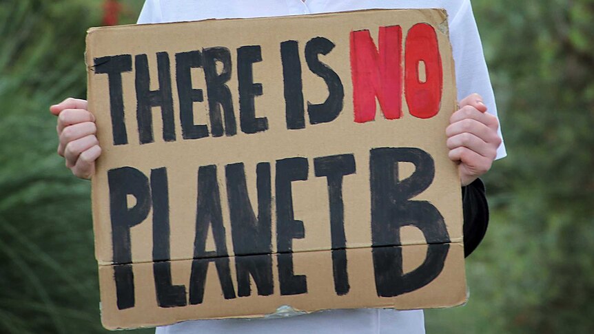 A teenage girl with glasses wearing a white school uniform polo shirt holds a sign saying "there is no planet B".