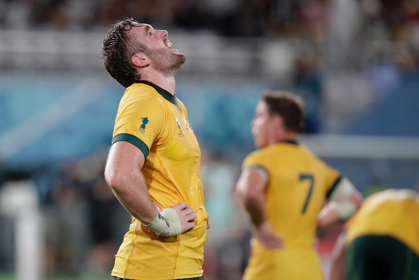 A male rugby union player stands with his hands on his hips looking to the sky.