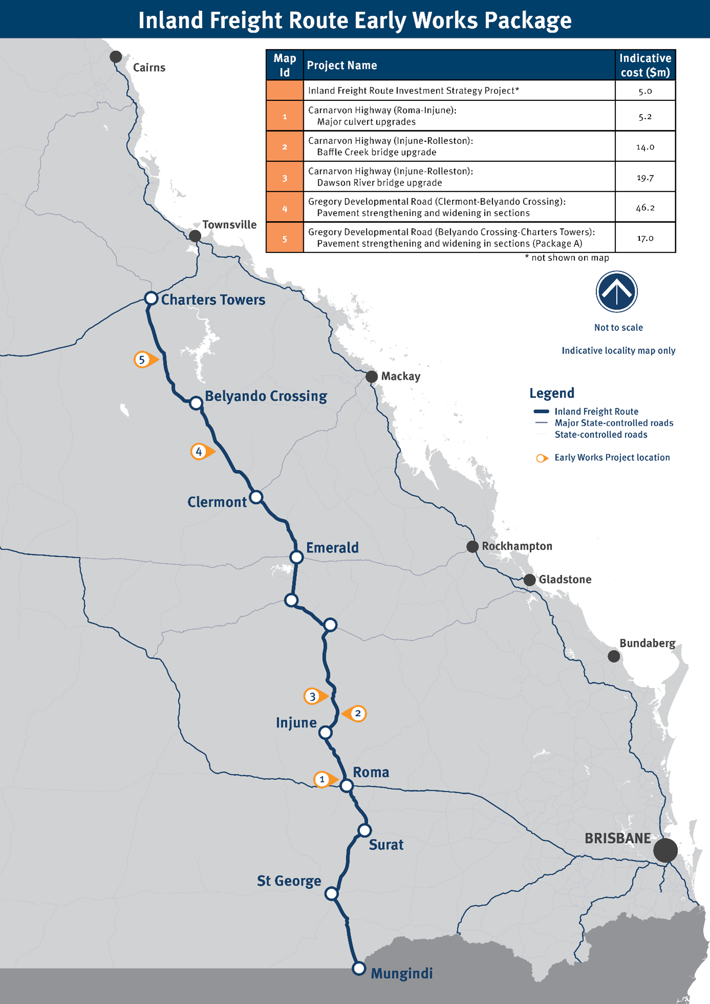 A grey map of northern Queensland with orange markers for several projects on the inland freigh route.