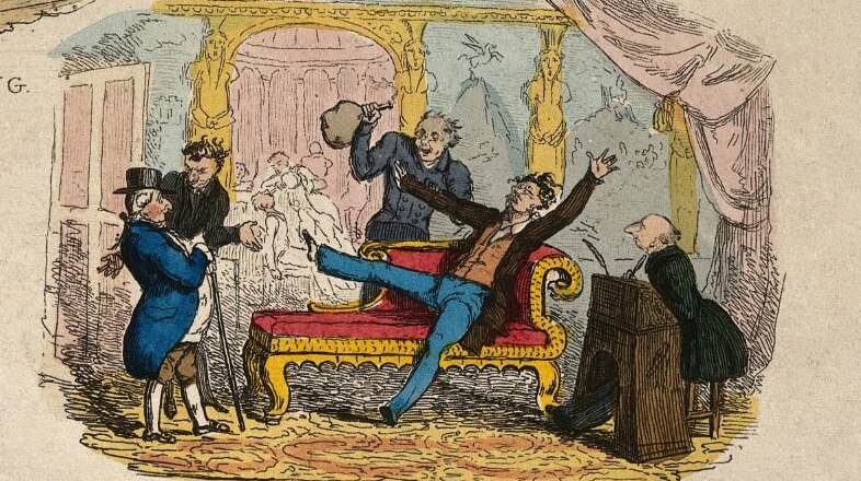 Coloured drawing of a man with flailing limbs on a couch, a man holding a bag with a mouthpiece, and men in suits watching on.