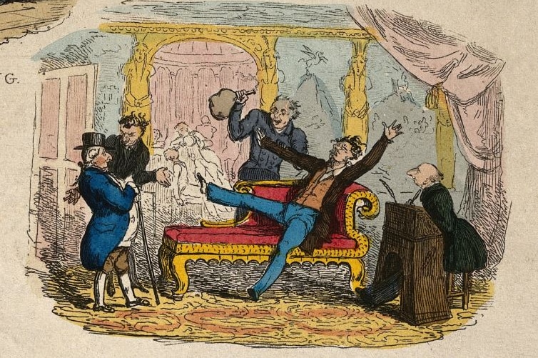 Coloured drawing of a man with flailing limbs on a couch, a man holding a bag with a mouthpiece, and men in suits watching on.